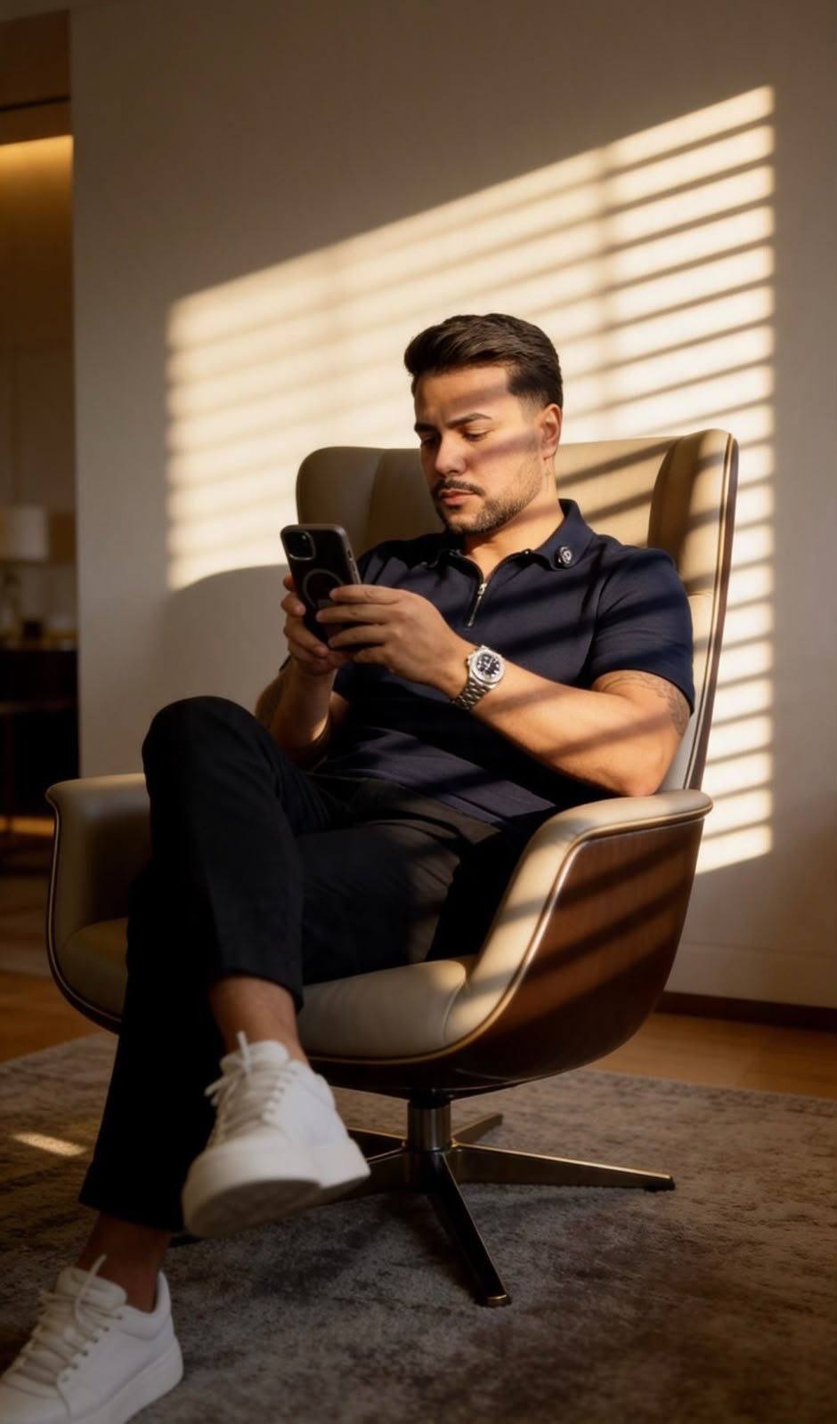 Bruno revisando informações no celular em uma poltrona