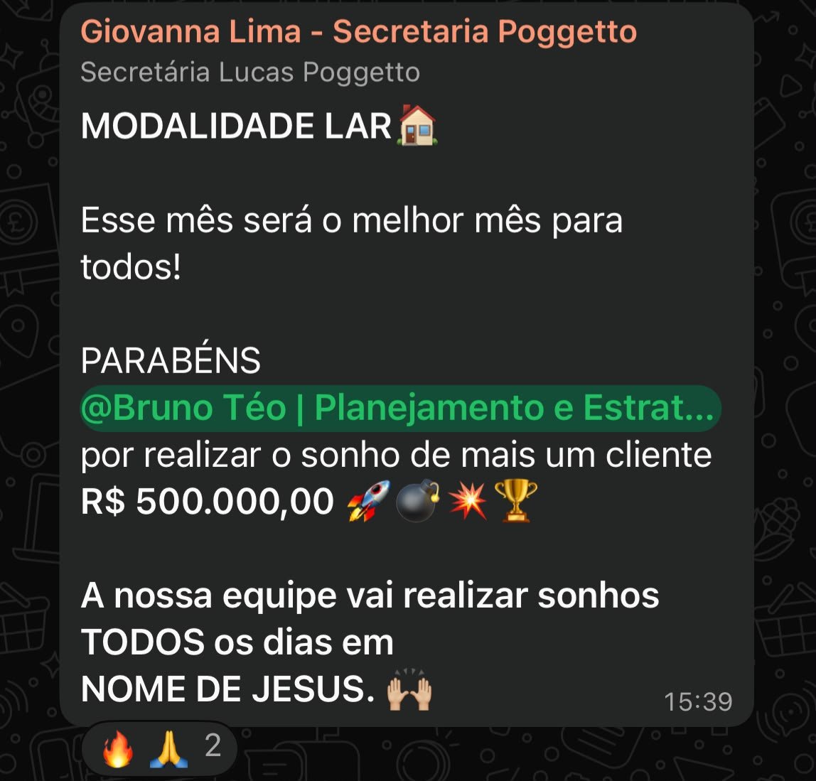 Registro de resultado comercial com crédito de R$ 500.000,00.